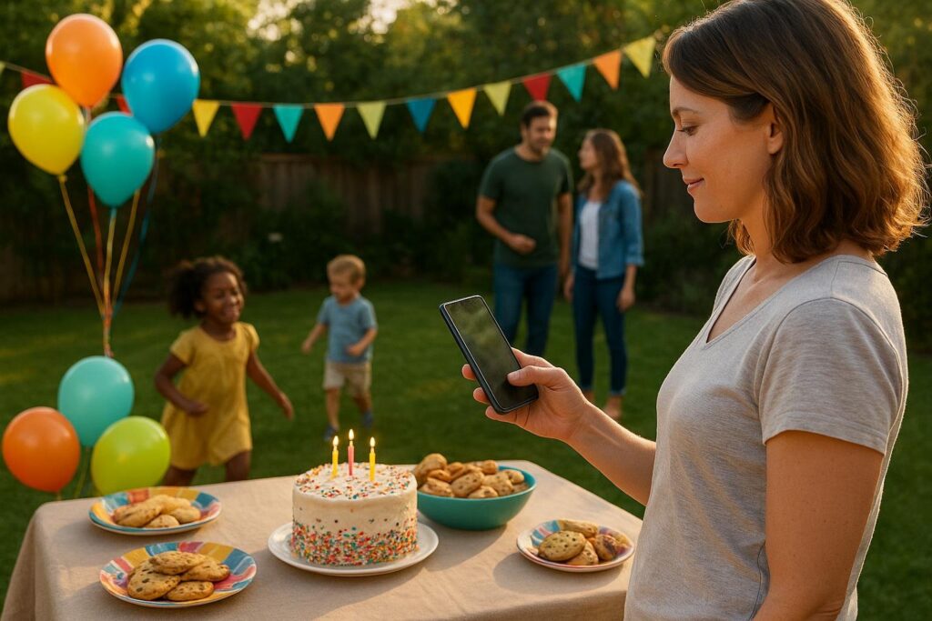 Family party host checking a phone while guests arrive at a backyard birthday table with balloons and snacks